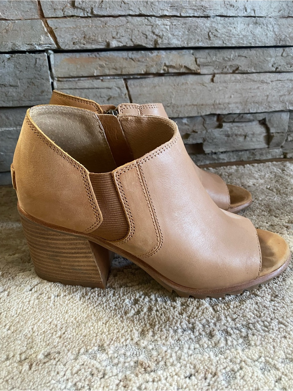 SOREL Nadia Sandal Shootie Ankle Heels Chunky Block Tan Brown Leather Open Toe